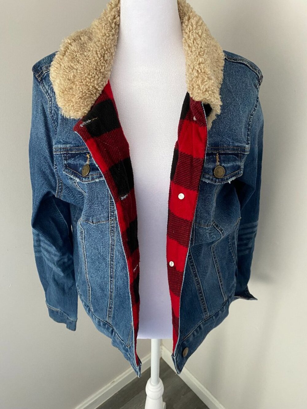 Buffalo Plaid Jean Jacket with Sherpa Collar